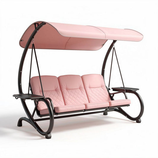 Balançoire de jardin 3 places en métal et tissu polyester rose avec auvent