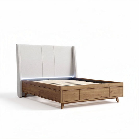 Lit en bois avec tiroirs intégrés et tête de lit en tissu 200 x 160 x 100cm