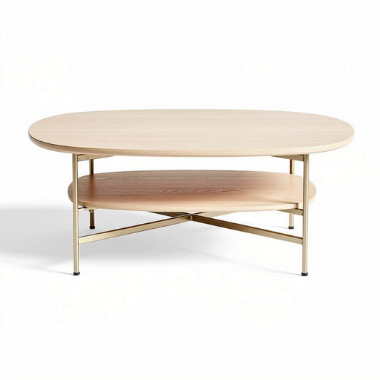 Table basse en bois clair avec étagère en métal doré 120 x 60 x 45cm