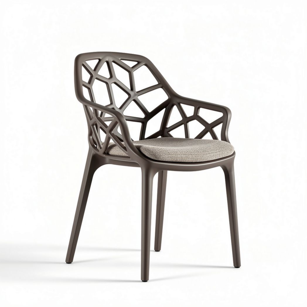 Chaise en plastique tressé couleur marron avec assise en tissu gris dimensions 60 x 60 x 80cm