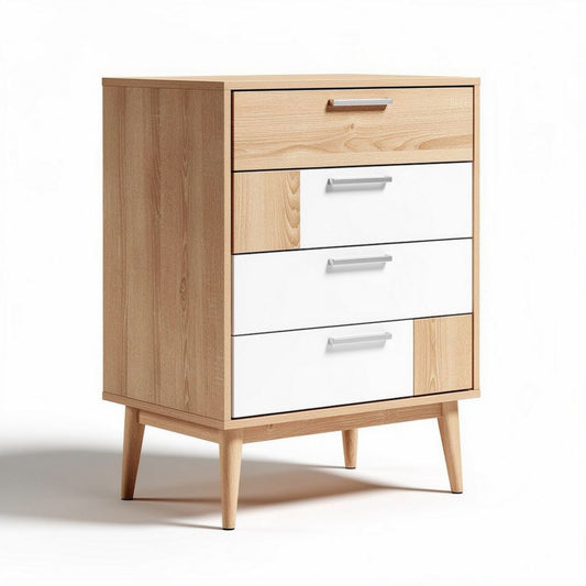 Meuble de rangement en bois clair avec tiroirs blancs 40 x 30 x 70cm