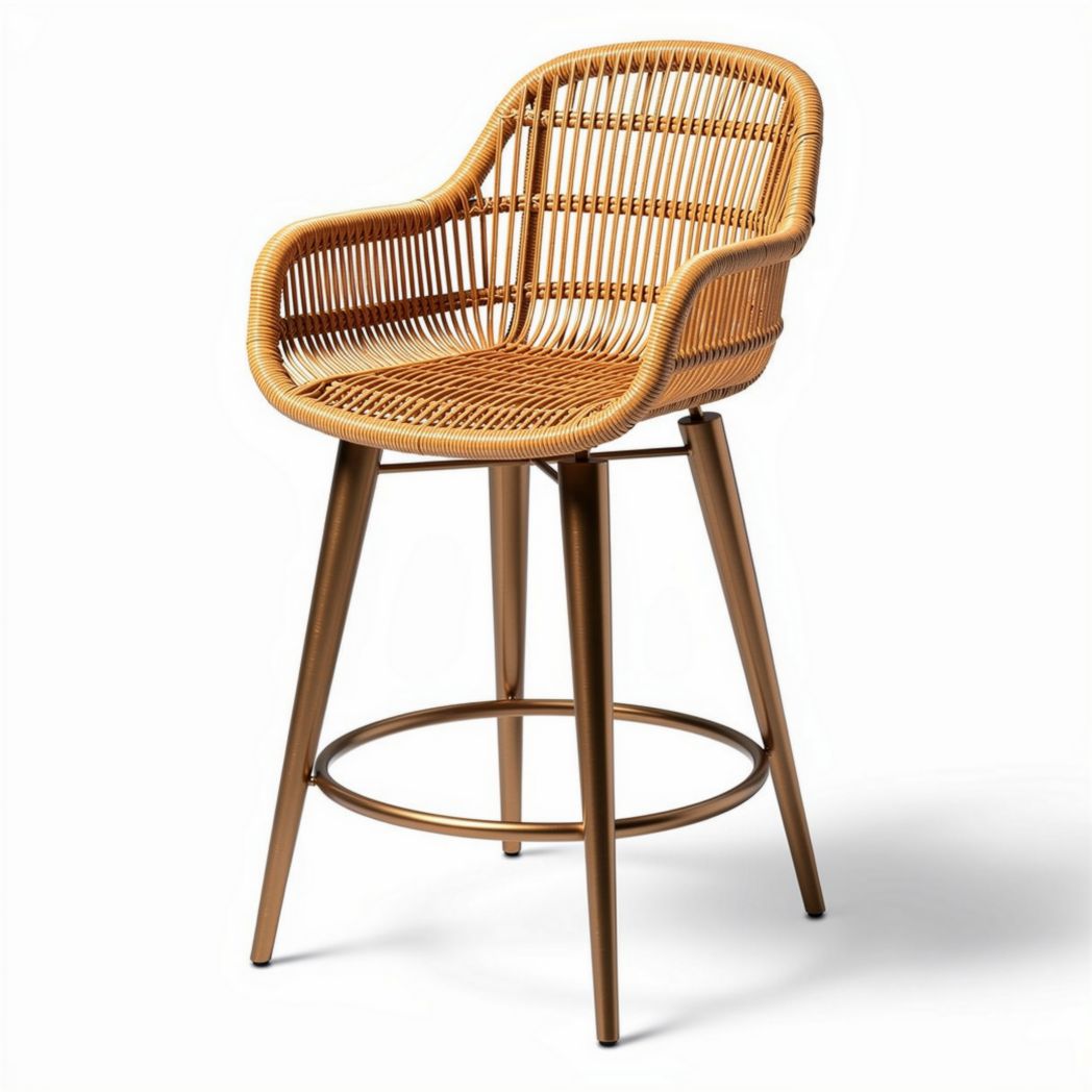 Tabouret de bar en rotin tressé couleur miel avec pieds en métal doré 42 x 45 x 100cm