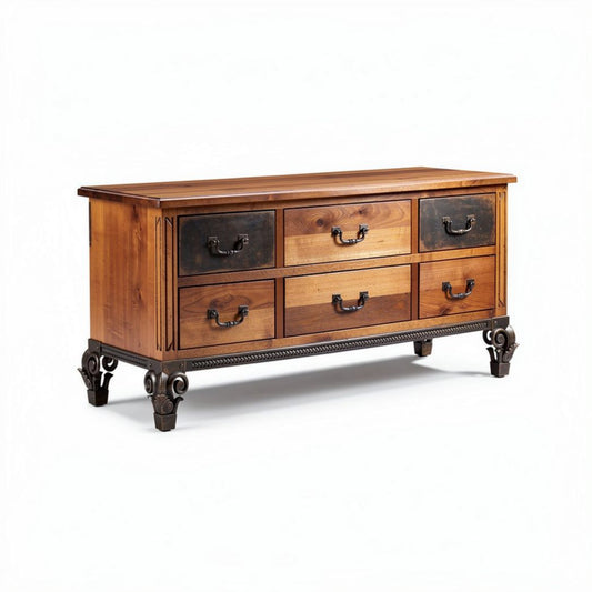 Buffet en bois massif avec 6 tiroirs en métal 150 x 45 x 70cm