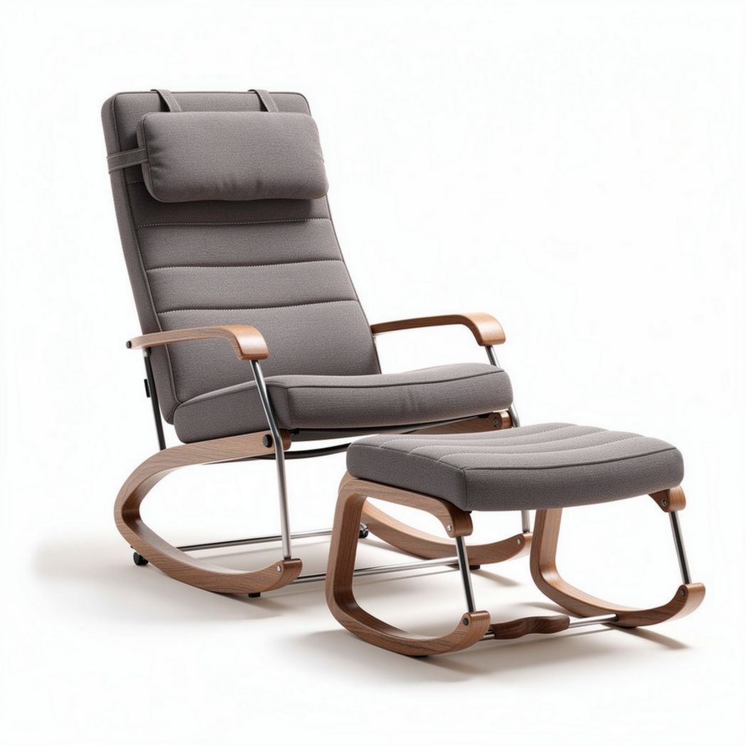 Fauteuil à bascule en bois avec repose-pieds en tissu gris 90 x 70 x 100cm